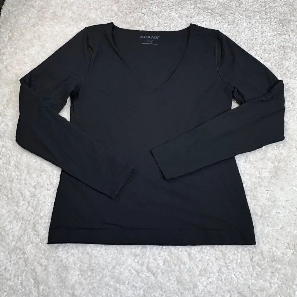 Spanx V-Neck Long Sleeve Stretch Top Black